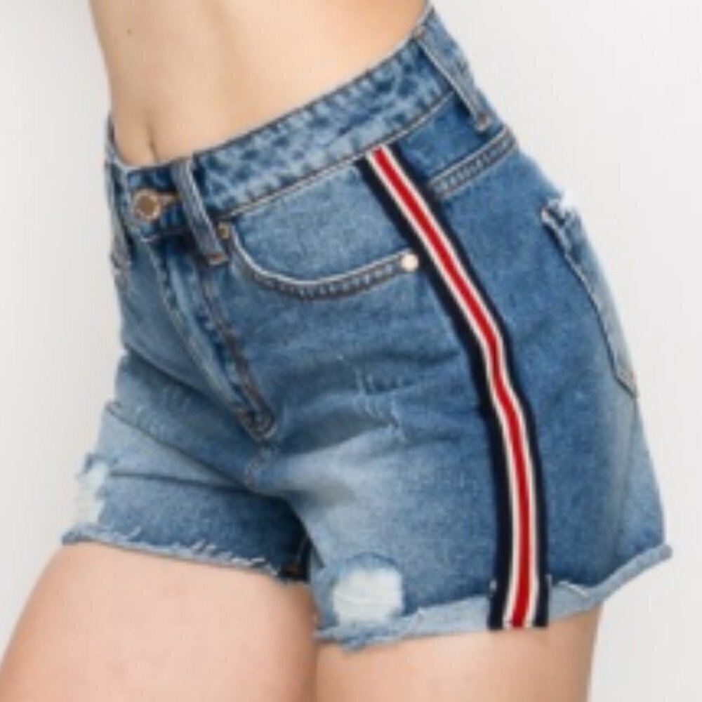 8th of LA High Waisted Jean Denim Shorts Distresse Stripe Trim Ribbon Raw Hem Sm